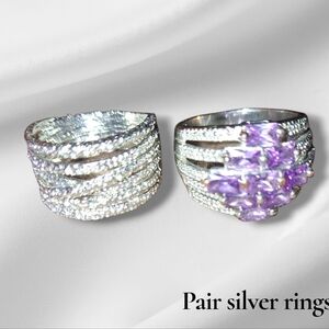Two cocktail statement Silvertone rings sz 9.0us~ One Faux Amethyst